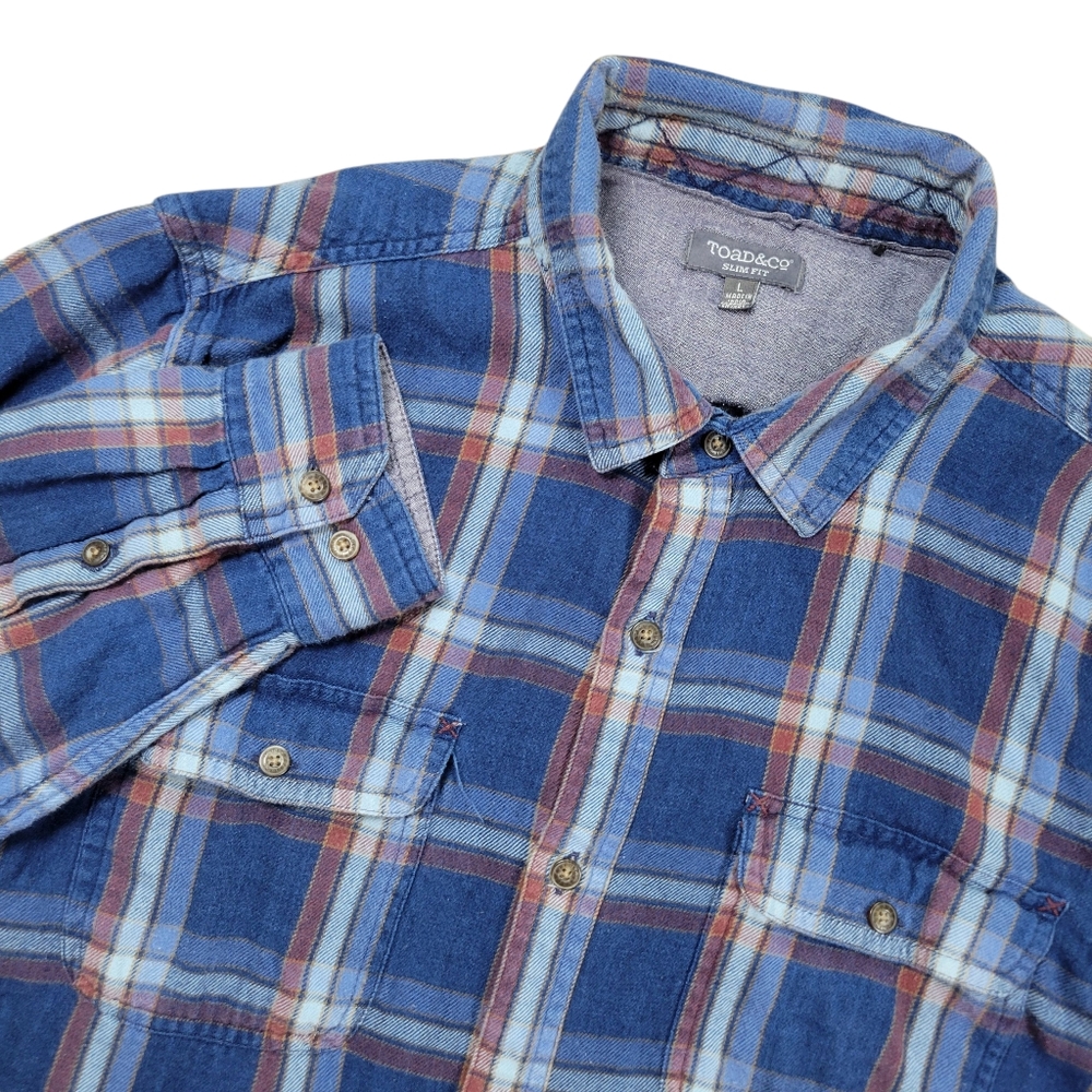 Toad & Co Indigo Flannel Shirt Mens L Blue Plaid Slim Fit Organic Cotton Work